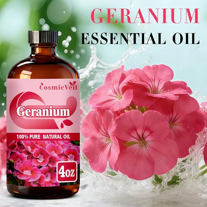 Geranium Essential Oil Fragrance Oil for Aroma Diffuser,Humidifier,Home Fragrance,Cleaning,Body Care,Massage,Yoga,DIY Candle,DIY Soap CosmicVeil（Geranium，4 Fl Oz (Pack of 1)） Cosmicveilessentialoil