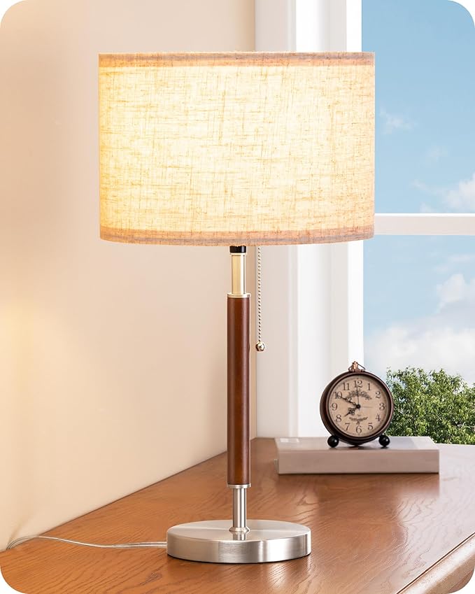 EDISHINE Mid Century Table Lamp, Solid Wood and Metal Bedside Lamp with Pull Chain Switch & Beige Linen Shade, Retro Nightstand Lamp for Bedroom Living Room End Table, E26 Base - Bloomnest