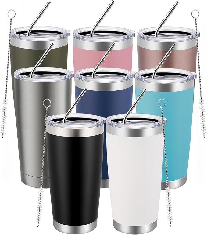 MEWAY 20oz Tumbler 8 Pack Double Wall Vacuum Insulated Travel Mug Bulk, Mix Color Stainless Steel Tumblers with Lid and Straw, Durable Powder Coated Coffee Cups for Cold & Hot Drinks（Color Mix, 8 - Bloomnest
