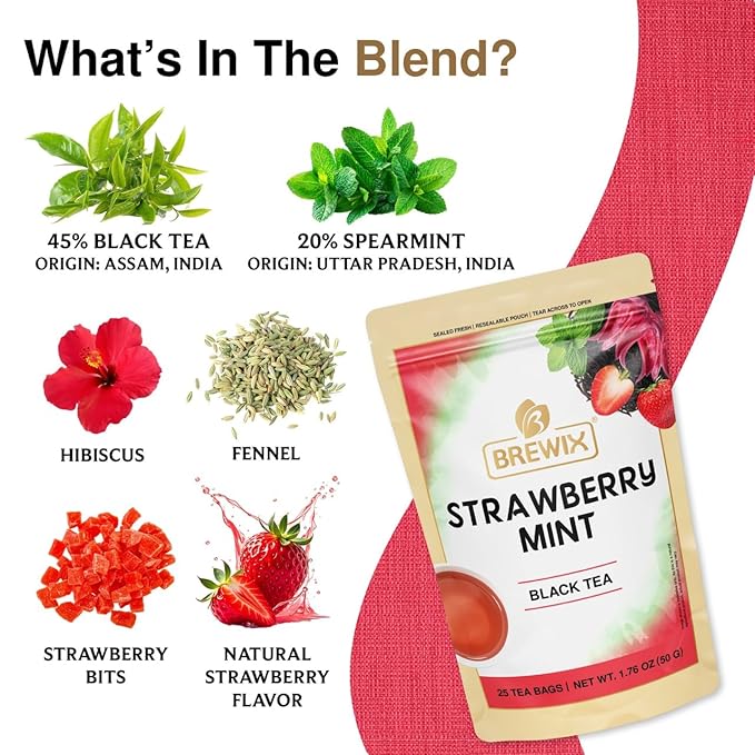 BREWIX, Strawberry Mint Tea Bags (25 Plant Based Tea Bags), Made with - Black Tea, Hibiscus, Spearmint, Fennel, Strawberry | Caffeinated & Sugar-Free - Bloomnest