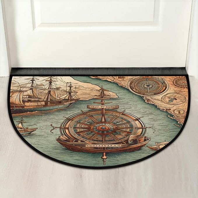 Half Round Door Mat, Compass Sailboat Non-Slip Half Circle Area Rug Nautical Compass Doormat Washable Durable Home Decor Half Moon Rug for Floor Indoor Outdoor Living Room Bedroom Kitchen Patio - Bloomnest