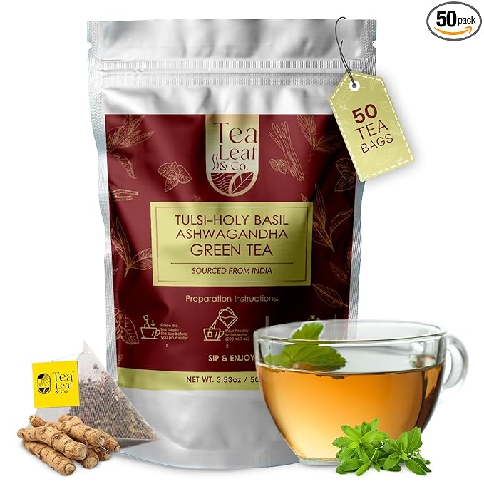 Tulsi Ashwagandha Green Tea Bags (50 Count), Green Tea with Tulsi, Ashwagandha, Lemongrass and Black Pepper, Caffeinated, Real and Natural Green Tea, Blended with Fresh Herbs and Spices, Gluten Free - Bloomnest