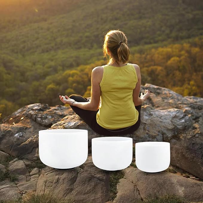 RYAN DVAN 432Hz Crystal Singing Bowls Set of 3 – 6" B Crown, 8" F Heart, 10" G Throat bowls,Quartz Chakra Sound Bowls for Meditation & Healing, with Case, Mallet & Suede Striker - Bloomnest