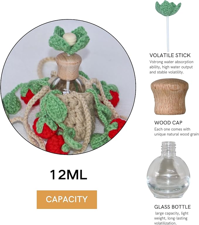 Handmade Crochet Hanging Car Air Freshener - Sweet Cherry Charm with 12ml Refillable Glass Essential Oil Bottle, Cute Car Accessories for Women & Bedroom Floral Decor - Bloomnest