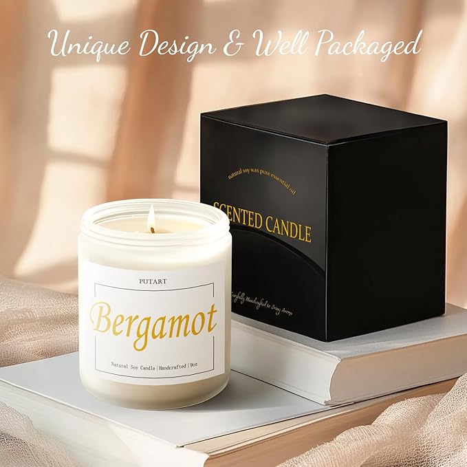 Bergamot & Green Tea Scented Candles for Home, Natural Soy Wax Aromatherapy Non Toxic Candle Gift for Women Men, Home Fragrance Decoration Glass Jar Candle for Meditation and Relaxation (9oz - Bloomnest