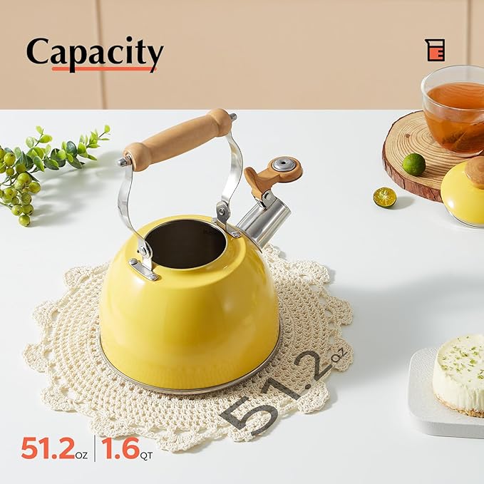 ROCKURWOK Tea Kettle, Tea Pot with Cool Touch Ergonomic Handle, Teapot Food Grade Stainless Steel, Tea Kettle Stovetop, Kettle Teapot, Whistling Tea Kettle, Small Tea Kettles, 1.6 Quart (Yellow) - Bloomnest