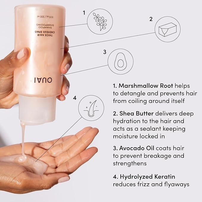 OUAI Thick Hair Shampoo and Conditioner Set - Sulfate Free Shampoo and Conditioner for Thick Hair Care - Moisturizes, Strengthens & Fights Frizz - Made with Keratin & Shea Butter (10 Fl Oz) - Bloomnest