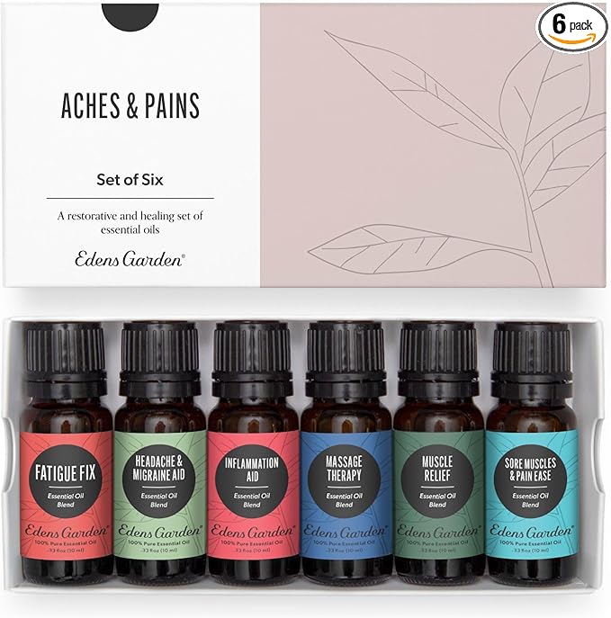 Edens Garden Essential Oils Aches & Pains 6 Set – 100% Pure Therapeutic Grade, Natural Aromatherapy Blends for Headache, Muscle Relief & Relaxation – Undiluted for Massage & Self-Care, 10 ml/ 6 Pack - Bloomnest