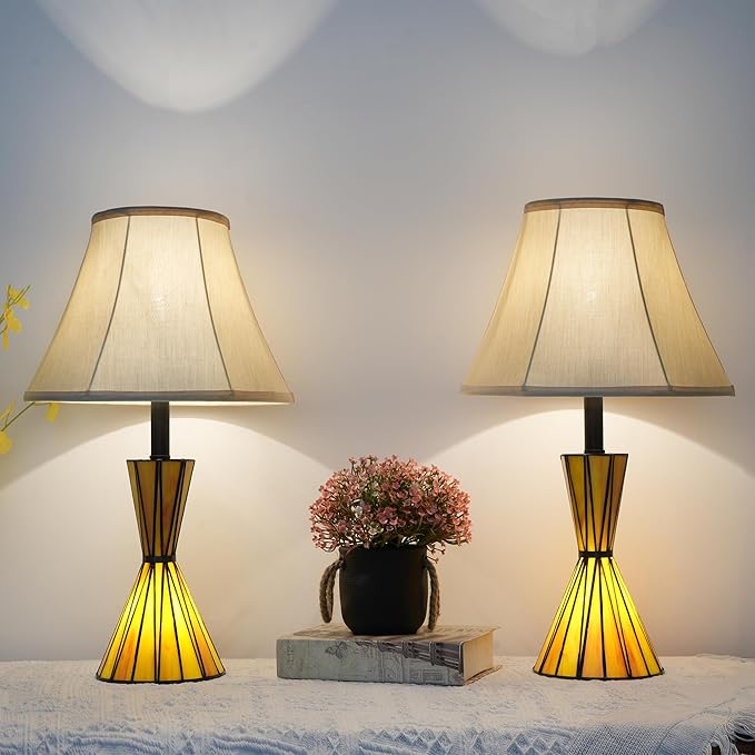 Modern Table Lamps Set of 2 with Hand Crafted Stained Glass Night Lights 3-Way Dimmable Bedside Lamps with Yellow Fabric Shades for Home Decor - Bloomnest