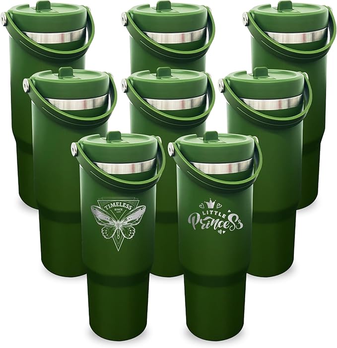 30 oz Tumbler with Handle, Double Wall Vacuum Insulated Tumblers with Flip Straw, Coffee Mug 30oz Powder Coated Cup for Hot and Cold Drinks(Army Green,8 pack)