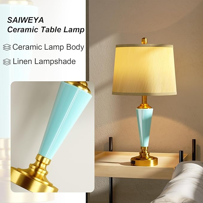 24" Ceramic Table Lamp with 3 Way Dimmable Touch Lamps - 2 USB Ports & AC Outlet Bedside Lamps, Modern Nightstand Lamp for Bedroom Living Room Office (Bulb Included) (Sky Blue-2 Pack) - Bloomnest