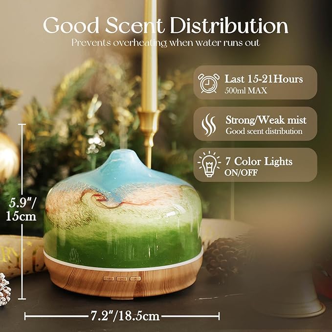 Porseme 500ml Glass Essential Oil Diffuser Aromatherapy Ultrasonic Cool Mist Humidifier 15-21 Running Hours Waterless Auto-Off Air Diffusers for Sleeping Yoga Office Working Spa and Rest (Blue Grass) - Bloomnest