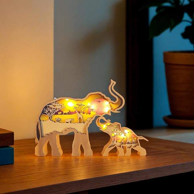 3D Wood Carving Animals Lamp Home Decorative, Cute Bear Family Elephant Presents Ideas Christmas Living Room Office Decor Warm LED Night Lights Gift for Friend Daughter Son Mom Dad (Elephant) - Bloomnest