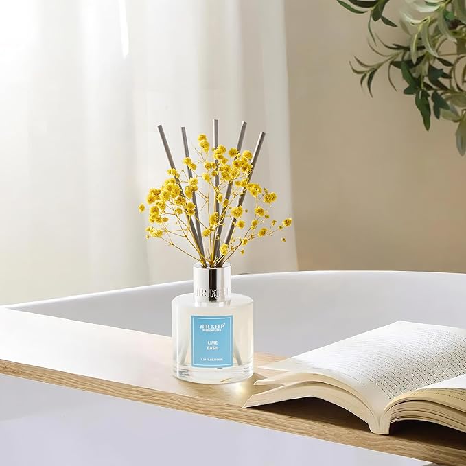 Airkeep Reed Diffuser Set,3.38 fl oz (100 ml) - Lime Basil Oil Diffusers with 8 Reed Sticks, Home Fragrance Reed Diffuser for Bathroom Shelf Decor - Bloomnest