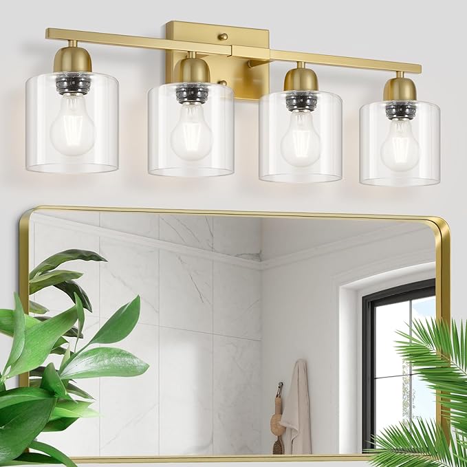 Modern Brushed Gold 4 Light Bathroom Light Fixtures, 24 inch Vanity Lights for Bathroom with Clear Glass for Mirror Kitchen Living Room Hallway Cabinet Porch - Bloomnest