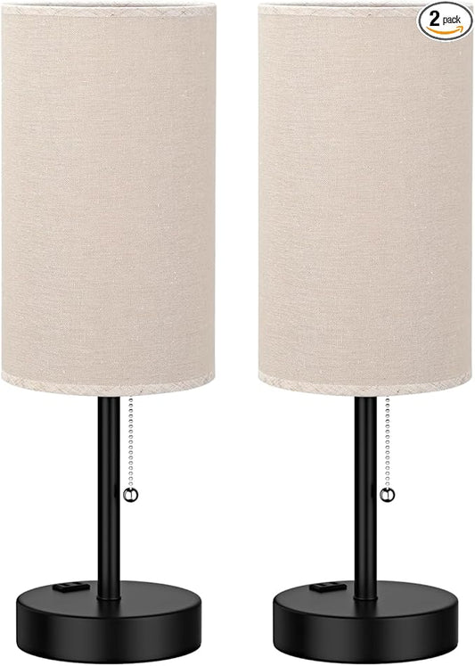Fenmzee Plus Beige Bedside Table Lamps Set of 2-3 Color Temperatures Pull Chain Lamp with AC Outlet Charging Port, Two Round Night Stand Lamps for Bedroom Guest Room Office, Bed Side Light - Bloomnest