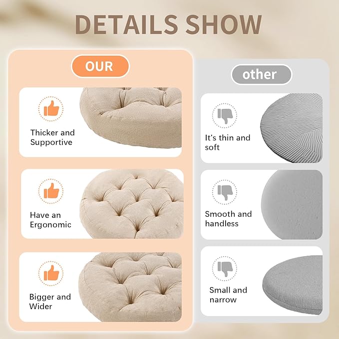 Meditation Floor Pillow, 2 Pack Round Floor Cushions for Adults, Button Tufted Seat Cushions for Yoga Tatami Living Room, Beige, 22 x 22 x 4 in