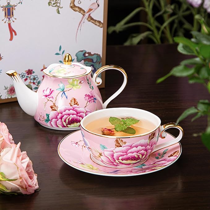 ACMLIFE Tea for One Teapot and Cup, Vintage Floral Porcelain Tea Set for One, Bone China Teapot with Cup Set, Tea Pot Gift for Women (Pink) - Bloomnest