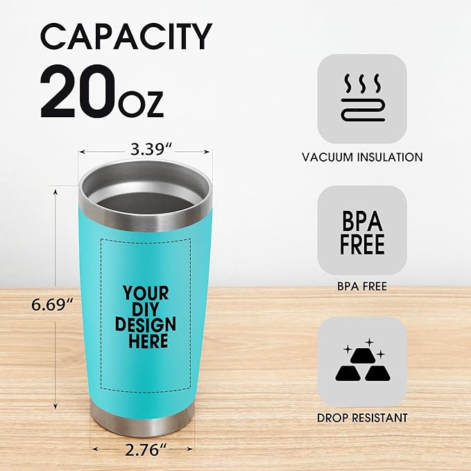 Personalized Custom Tumbler Print in USA 48 Pcs 20oz Stainless Steel Coffee Cup with Lid & Straw Double Wall Insulated Tumbler with Colorful Text Logo Photo - Bloomnest