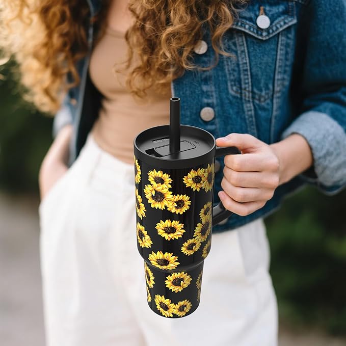 TILUCK 40 oz Tumbler with Handle, Vacuum Insulated Stainless Steel Travel Mug with 100% Leak-Proof Silicone Straw Lid, Cupholder Friendly Water Bottle(SunFlower, 40oz)