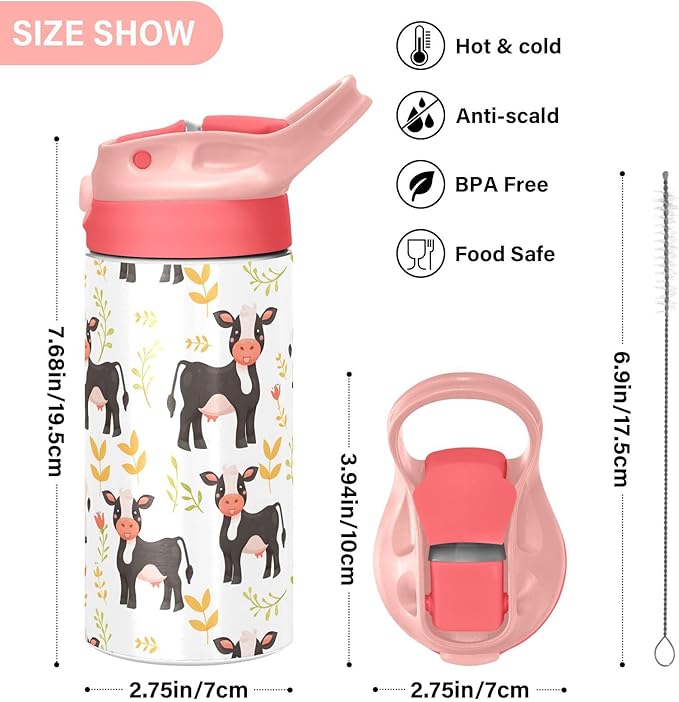 Cute Little Cow White Kids Insulated Water Bottle, Toddlers Tumbler Travel Cup with Straw & Handle Stainless Steel Cup for Travel School Girls 12 oz - Bloomnest