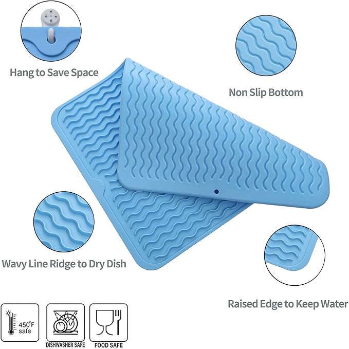 Silicone Dish Drying Mat for Multiple Usage,Easy clean,Eco-friendly,Heat-resistant Silicone Mat for Kitchen Counter or Sink,Refrigerator or drawer liner Light Blue L 16 inches x 12 inches - Bloomnest
