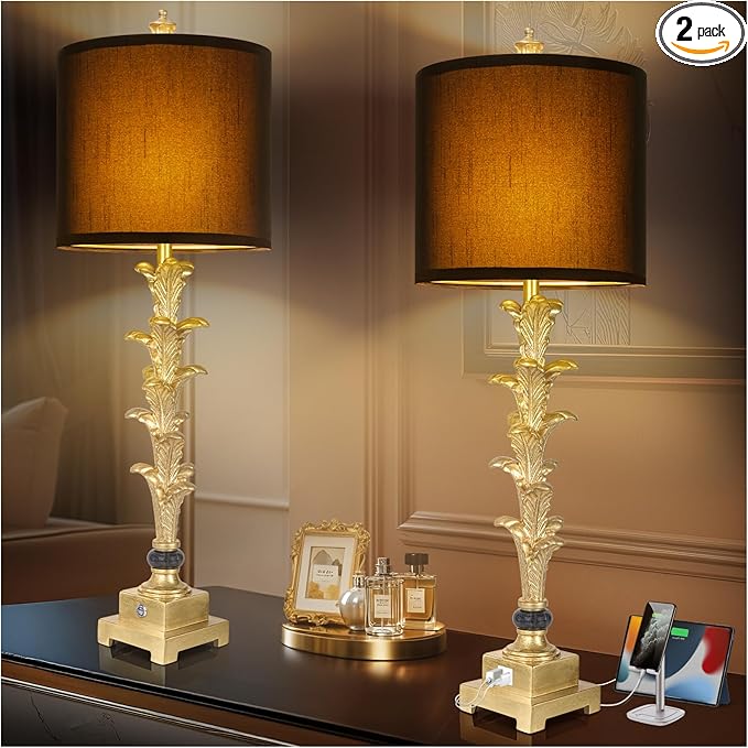 Table Lamps Set of 2 for Living Room, 3-Way Dimmable Touch Buffet Lamps with USB A+C Ports, Gold Leaf Finish Bedside Lamps with Black Linen Shades, Modern Nightstand Lamp for Bedroom Office Entryway - Bloomnest