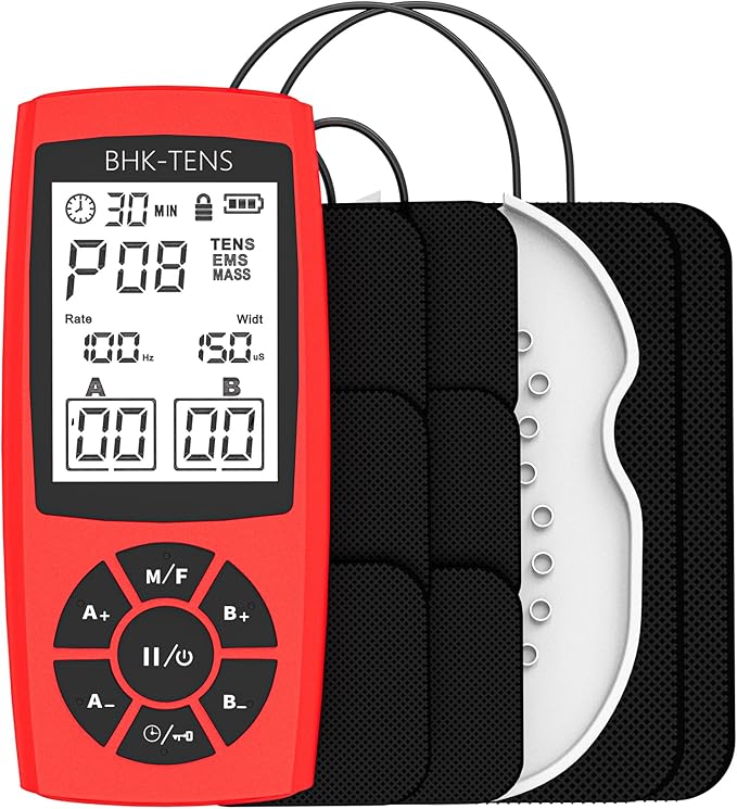 Rechargeable TENS Unit Machine for Pain Relief Therapy, Electronic EMS Muscle Stimulator for Shoulder Pain Relief, TENS&EMS Stimulator for Back Pain, Shoulder Neck Pain Relief, Sciatica Pain, red BHKTENS