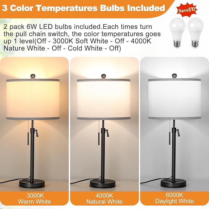 Black Table Lamps for Bedrooms Set of 2: 22" to 30" Height Adjustable Nightstand Lamps with White Linen Shade | Pull Chain Switch | Metal Base 丨3 Color Temperatures Included Beside Lamp (Black) - Bloomnest