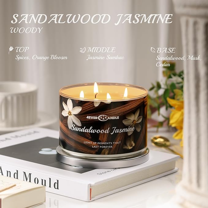 4-Wick Candles for Home Scented - 18oz Soy Wax Blend Candle Over 50Hrs Long-Lasting Fragrance, Home Decor and Housewarming Gifts, Sandalwood Jasmine - Bloomnest