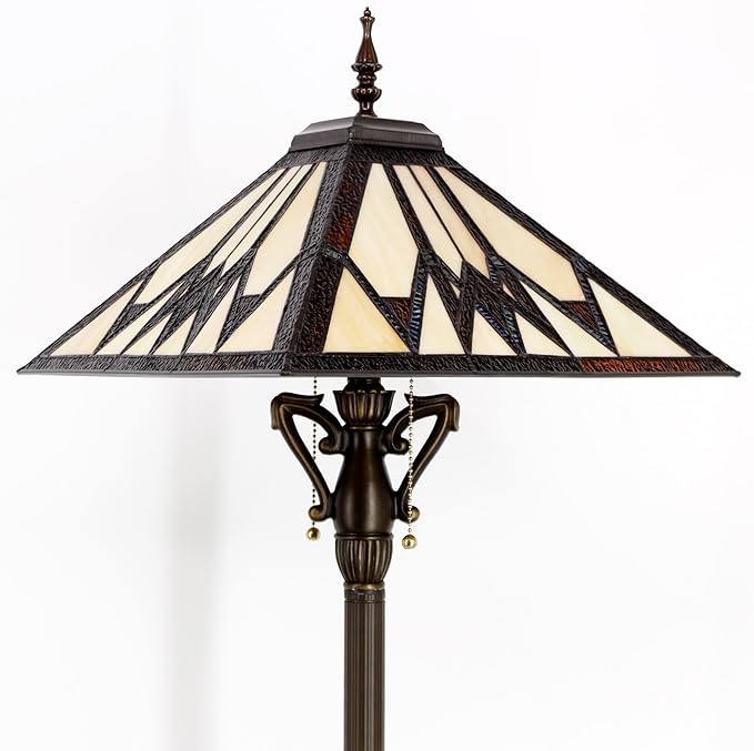 Tiffany Floor Lamp Cream Amber Mission Style Stained Glass Standing Reading Light 16X16X64 Inch - Bloomnest