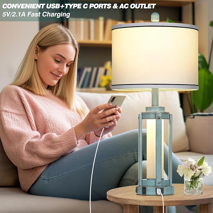 Industrial Farmhouse Table Lamp, 26" Vintage Rustic Beside Lamp with USB A+C Charging Ports & AC Outlet, Nightstand Metal Lamp with LED Night Light & Fabric Shade for Living Room Bedrooms Blue - Bloomnest