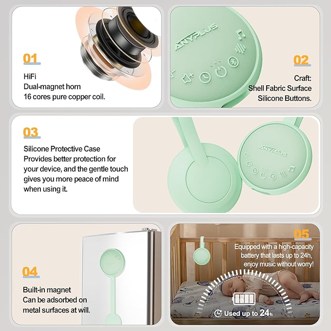 White Noise Machine for Sleeping Adults & Baby, Portable Sound Machine with 24 Soothing Sounds, Bluetooth 5.1, Battery Powered, 3 Timer Settings, Memory Function for Home, Office, Travel (Green)