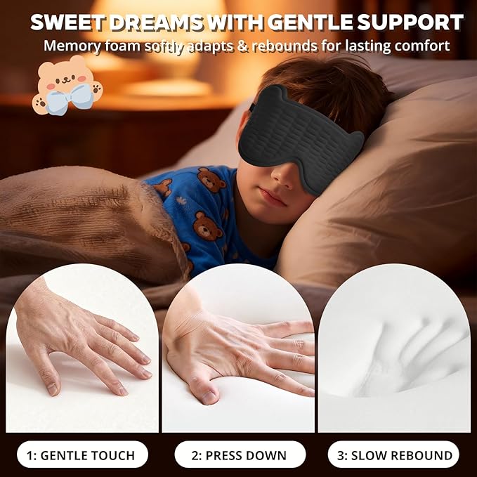 3D Kids Sleep Mask – Cute Bear Eye Mask for Sleeping, Comfortable Memory Foam Sleep Mask for Kids, Adjustable Strap and Lightweight Sleeping Mask for Boys Girls Teens Ages 5-15 (Black) - Bloomnest