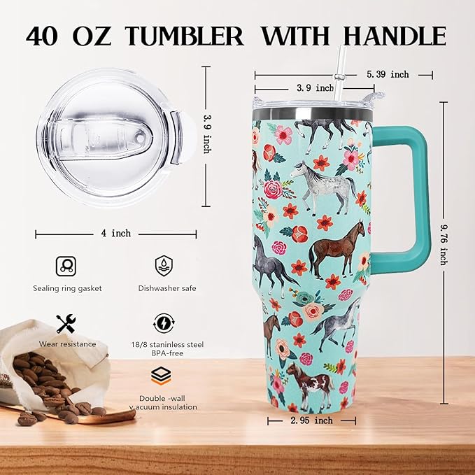 Ceovfoi 40 Oz Horse Tumbler With Handle, Coffee Travel Mug Cup Water Bottle, Horse Decor, Gifts for Women - Bloomnest
