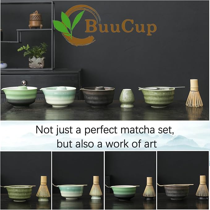 Matcha Set, Matcha Bowl with Spout, Matcha Whisk and Holder, Bamboo matcha Scoop and Stainless Sifter - 5 Pcs Jade Green Matcha Set Kit for Matcha Lover - Bloomnest