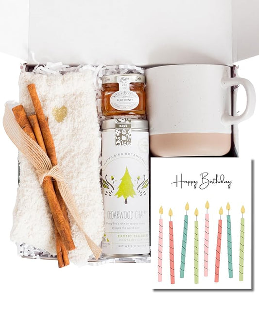 Unboxme Birthday Gift Basket for Women - Soothing Self Care Box with Fluffy Socks, Ceramic Mug, Chai Tea, Honey & Cinnamon for Mom, Sister, Friends and Coworkers - Bloomnest