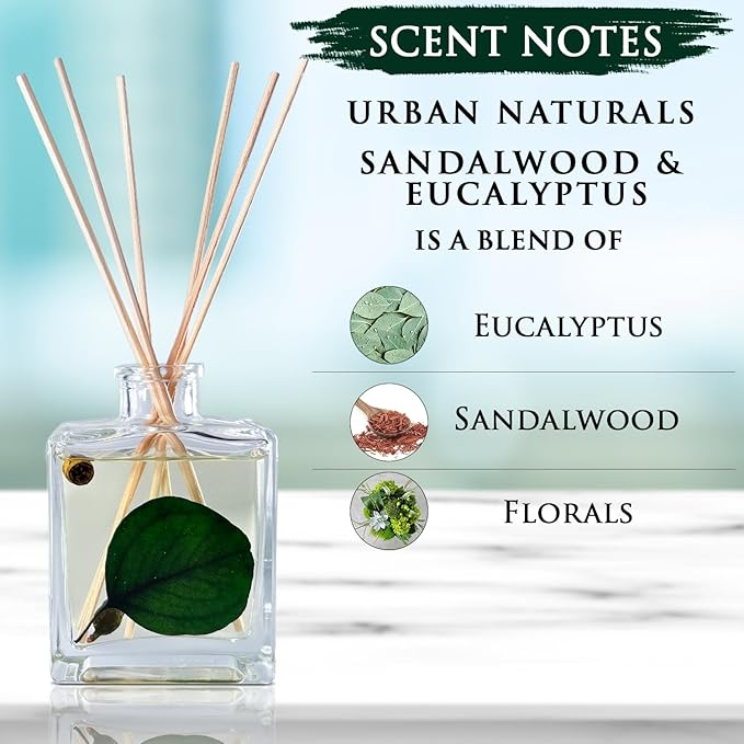 Urban Naturals Sandalwood & Eucalyptus Reed Diffuser Set – Made with Essential Oils & Real Botanicals – Sleek Rectangular Refillable Glass Bottle – Made in the USA UrbanNaturals