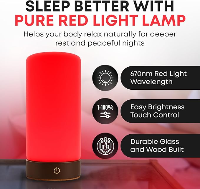 Rubi Red Light Therapy Lamp – 670nm Wavelength for Natural Sleep, Relaxation & Wellness | Adjustable Brightness for Bedroom Light | Elegant Glass & Wood Design | One-Touch Lamp Switch - Bloomnest