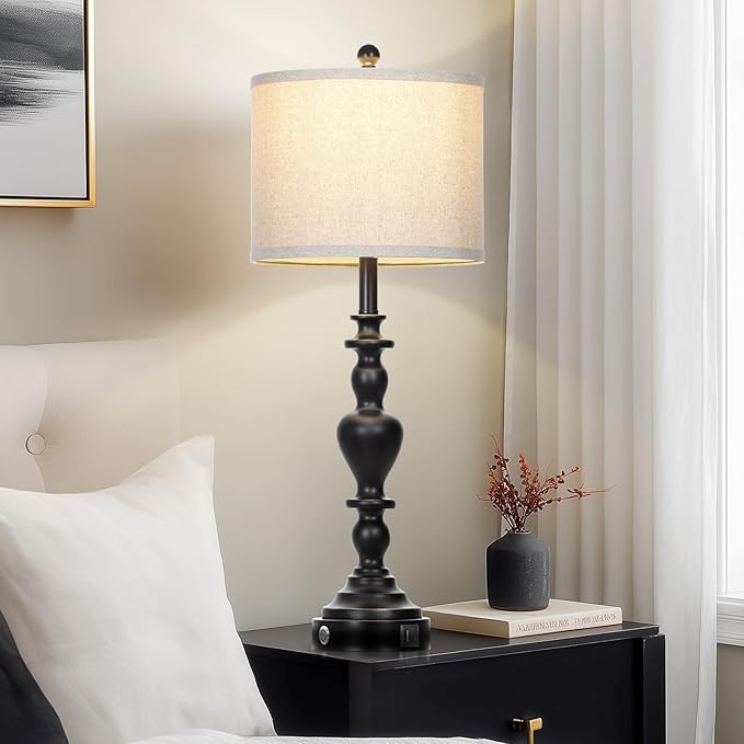 27" Vintage Table Lamps for Living Room Set of 2, Farmhouse Rustic Nightstand Lamps with USB C+A Ports, 3-Way Dimmable Bedside Lamp for Bedrooms Office Dorm, 2 LED Bulbs Included Washed Antique Black - Bloomnest