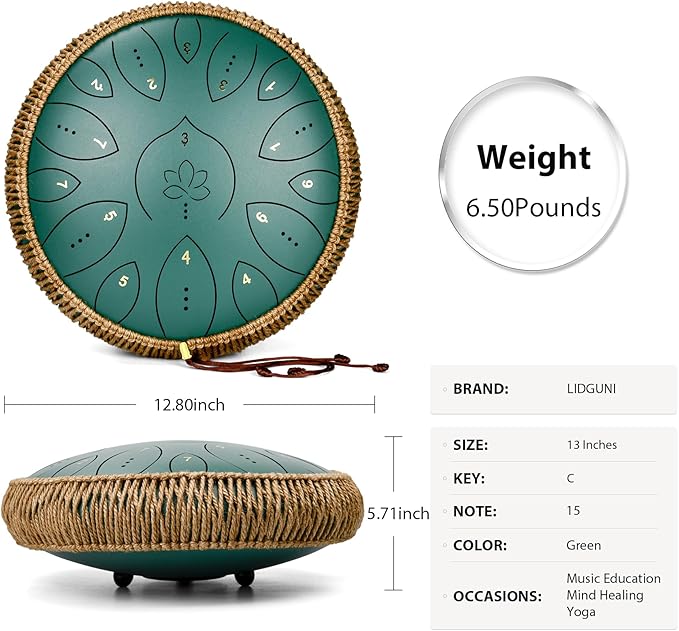 Steel Tongue Drum 13 Inches 15 Notes, Hand Pan Drums for Adults 440hz, C Major Handpan Musical Instrument with Song Book, Mallets and Carry Bag, Green - Bloomnest