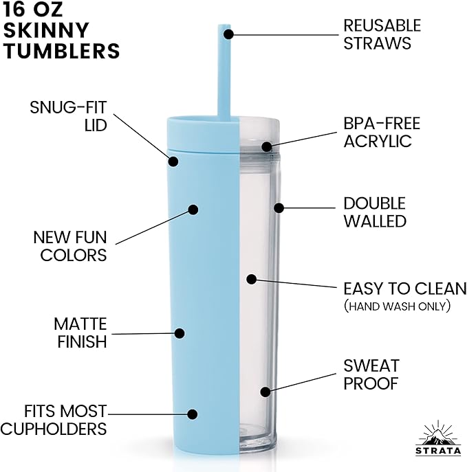 STRATA CUPS Periwinkle Skinny Tumblers with Lids and Straws (12 pack) - 16oz Double Wall Acrylic Tumbler, Tall Matte Skinny Tumblers, Bulk with Free Straw Cleaner, Reusable Cups - Bloomnest