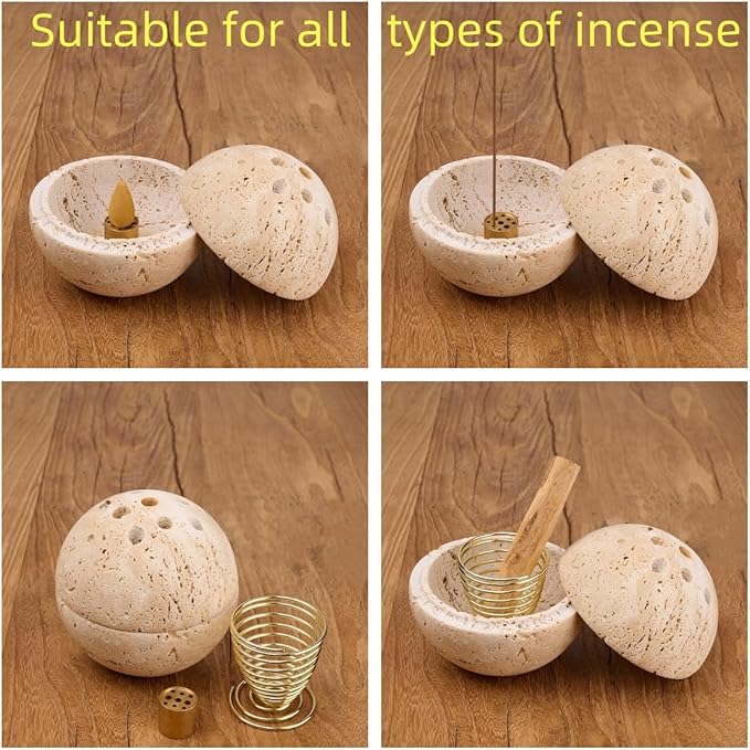 Handmade Travertine Stone Incense Resin Burner Holder – Natural Stone Incense Burner with Brass Insert for Home Decor & Relaxation - Bloomnest