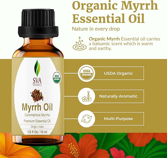 SVA Myrrh Essential Oil Organic – 1/3 Fl Oz – 100% Natural Organic Myrrh Oil - for Diffuser, Hair Care, Face, Skin Care, Aromatherapy, Scalp and Body Massage, Soap and Candle Making - Bloomnest