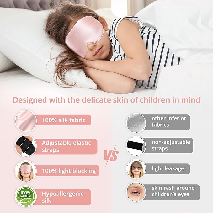 Kids Sleep Mask Eye Cover, 100% Real Natural Pure Silk Eye Mask with Adjustable Strap, Blindfold Kids Eye Mask for Sleeping, Eye Shade for Boys Girls and Adult, Pressure-Free Comfort (Pink) - Bloomnest