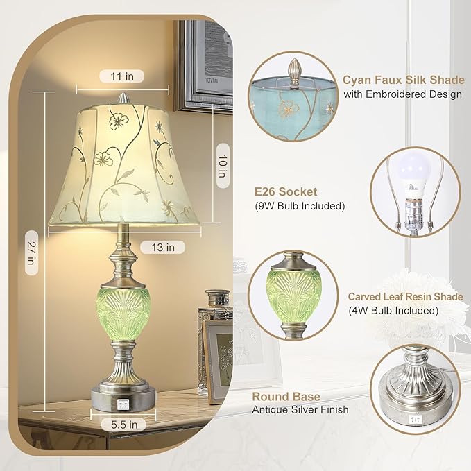 Bedside Table Lamp Set of 2 with Nightlight and USB A+C Ports, 27'' High Vintage Table Lamps with Silver Leaf Finish and Embroidered Shade, Nightstand Lamps Decor for Bedroom Living Room Home Office - Bloomnest