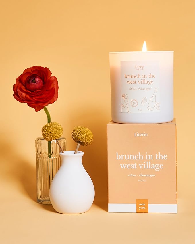 Literie NYC Inspired Scented Candle: Brunch in The West Village - Citrus & Champagne, 9oz, 50 Hour Burn, Vegan Soy & Coconut Blend Candle for Home Decor, Gift for Women & Men - Bloomnest