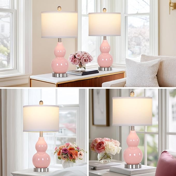 22" Double Gourd Ceramic Table Lamps Set of 2, Pink Modern Bedside Lamps for Living Room, Contemporary Nightstand Desk Lamps for Bedroom End Table Home Office Decor(2 LED Bulbs Included) - Bloomnest
