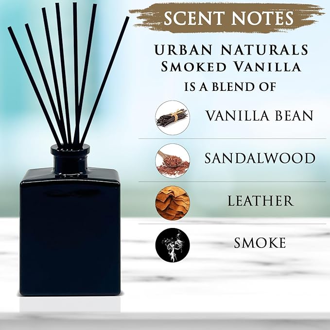 Urban Naturals Smoked Vanilla Reed Diffuser Set with Vanilla Bean, Sandalwood & Leather – 5 Ounce Sleek Black Rectangular Refillable Glass Bottle – Made in the USA UrbanNaturals