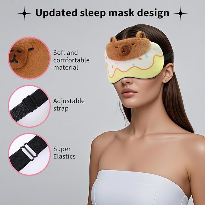 Cute Sleep Eye Masks for Kids, Kawaii Cartoon Kids Sleeping Mask for Women Boys Girls Teens, Soft Plush Adjustable Eyeshade Silk Travel Nap Eye Cover, Yellow Capybara - Bloomnest